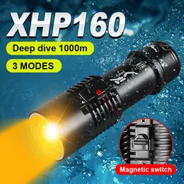 Ficklampor facklor 2023 xhp160 dykning ficklampa professionell dykning ficklampa laddningsbar gul lampvattentät fackla 1000 m undervattensbelysning p230517