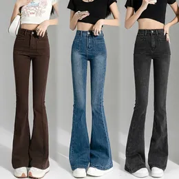 Women s Jeans Terkembang Pinggang Tinggi Vintage Baru Celana Denim Pas Badan Jalan Solid Wanita Suar Elastis Kasual 230516