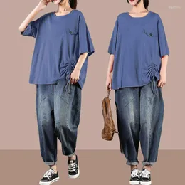 Kvinnors tvåbitar byxor 4xl Women Denim Pant Set Summer Short Sleeve Top Croped Trousers Harlan Jeans Fashion Loose Suit E64