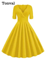 Dresses Tonval Sexy Deep VNeck Evening Party Yellow High Waist Dresses Elegant for Women Half Sleeve Vintage Midi Swing Dress