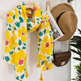 Scarves Pinxuan Scarf Spring Bright Yellow Floral Satin Cotton Linen Hand-Made Braid Beard Beach Towel Shawl Silk
