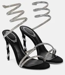 Bruddesigner Sandal Women High Heels Margot Jewel Sandal Snake Strass Strap Crystal-Embellished Leather Wrap Sandaler med ruta 35-43