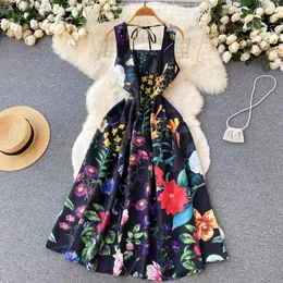 Vestido francês chique floral estampado sem mangas gola quadrada meia panturrilha arco-íris jurak aline vestidos império roupas bodycon