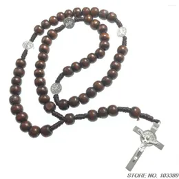 Chains 7 8mm Wood Bead Rosary Twisted Cord Necklace With Zinc Alloy St. Benedict Connector Beads And Cross Pendant