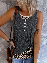 Tanques de mujer Camis 2023 Nueva moda Leopard Patchwork Twist Tank Top para mujer Botón Falso de dos piezas Camisas sin mangas Verano Casual Blusas sueltas T230517