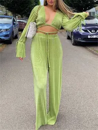 Designer Women's 2-piece Set Of Green Pleated Pants Solid Color Lavender Sleeves Bandage Cut Y Wide Legs Casual Pants Set