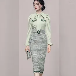 Arbeitskleider ZAWFL 2023 Herbst Süße Koreanische Elegante Zwei Stück Set Frauen Chiffon Patchwork Bluse Top Tweed Hohe Taille Rock Anzüge