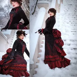 Vintage siyah ve bordo gotik gelinlik uzun kollu Victoria yürüyüş kostüm Bustle etek ve kadife ceket gelin elbisesi218p