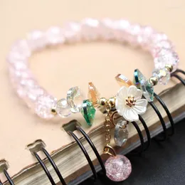 Link Bracelets Cute Pink Glass Blue Crackle Bracelet Jewelry For Women Accessories Pulseras Pulseira Joyas Flowers Crystal Bijoux Fashion