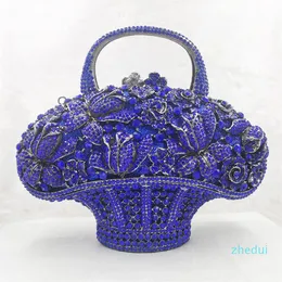 2023-Evening Bags Bling Crystal Bags Luxury Flower Basket Blue Party Purse with Chain Ladies Pochette