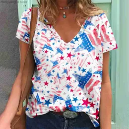 T-shirt feminina 2023 New Women's Trend Independence Day Print Digital V-deco