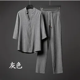 Mens Tracksuits Summer Mens Twopiece Linen Fabric Casual Tshirt and Trousers Sport Fashion Short Sportswear 230516