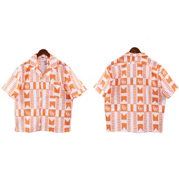 メンズカジュアルシャツオレンジチェック柄フルプリントルードシャツ夏男性女性高品質ハワイアンビーチシリーズトップス 230516