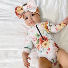 Summer Baby Girls Long Sleeve One-Pieces Swimsuit Toddler Sun Protection Quick-Drying Infant Floral Print Swim Suit + Headband Clothes M4299