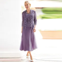 Elegante abito da tre pezzi per la madre della sposa, lunghezza tè, viola, abito da sposa con cappotto, una linea, abiti da sera corti