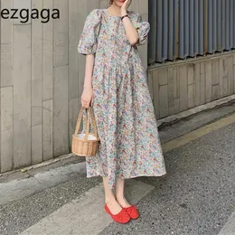 드레스 Ezgaga Floral Printed Dress 여성 프랑스 스타일 빈티지 반 퍼프 슬리브 2021 Spring Summer Girl 부드러운 우아한 드레스 멍청이