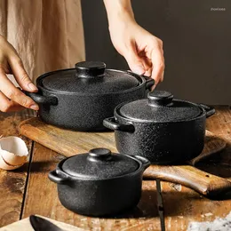 Bowls Imitation Cast Iron Two Ears Ceramic Bowl With Lid Simple Retro Black Oven Baking And Steaming Egg Salad