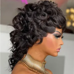 New India Virgin Human Hair Głęboką fala Krótka peruka z grzywką 180%gęstość Pleczyste pełne koronkowe peruki dla kobiet czarne kolory pixie Pixie Peruki