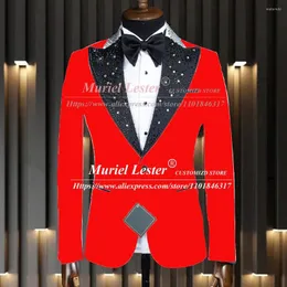 Men's Suits Red Men Suit Jackets Tailore Made Single Breasted Groom Wedding Tuxedo One Pieces Beaded Satin Lapel Blazer Slim Fit Man Coat