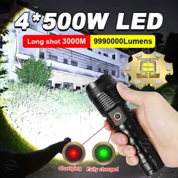 Ficklampor facklor ljusaste 4*50w kraftfull ficklampa med USB laddning 5000mAh laddningsbar taktisk ficklampa 50w fackla ljus zooma 1500 m p230517