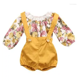 Kleidung Sets 2023 Frühling und Herbst Modelle Europäische Mode Kinder Floral Gedruckt Strampler Lätzchen Hose Baby Mädchen 2 stücke Set