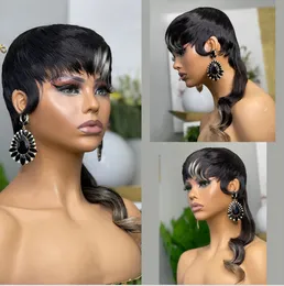 Nova India Virgin Human Human Pixie Cut Wigs com Bangs Destaques de Glueless Wig Loira Sem Perucas de ondas corporais de ombre de renda cheia para mulheres negras