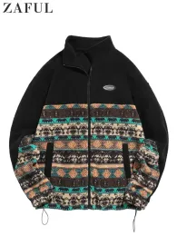 男性Sジャケットエスニックスタイルの幾何学的パターンコートジッパーフライフラフィシャケットストリートウェアファジートップコート秋の冬のためのトップコート