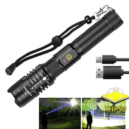 Ficklampor facklor E2 LED XHP70 XHP50 ficklampa zoombar USB -laddningsbar superljust EDC -fackla 18650 Batteri camping fiske lampan lykta p230517