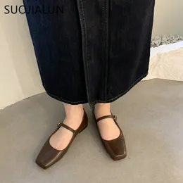 Dress SUOJIALUN Summer PUMPS Brand Women Flats Fashion Square Toe Shallow Mary Jane Soft Casual Ballet Slingback Shoes