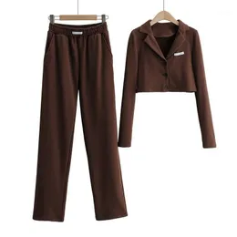 Women's Pants & Capris 2023 Fashion Two Piece Sets Suit Collar Short Jacket And High Waist Casual Wide Leg Female Solid