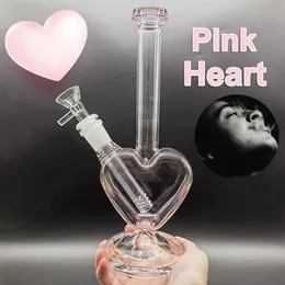 9" Pink Love Heart Shape Glass Bong Smoking Bong Hookah Bong Water Pipe 14mm male Bubbler Heady Oil Dab Rigs Birdcage Percolator Shisha Pipe