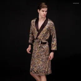 Mäns Sleepwear Coff and Navy Blue Men Silk Robes 2023 Manlig Senior Satin Slpwear Summer Long Paisley Pattern Robe Set Slves Nightrown