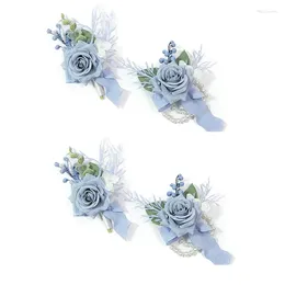 Dekorativa blommor 4 PCS Dusty Blue Corsage och Boutonniere Set Accessories Prom Artificial Flower Wrist Jarmets