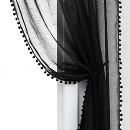 Gardin svart pompom ren gardiner för vardagsrum linnet fönster vit pom tyll draperier sovrum prinsessan