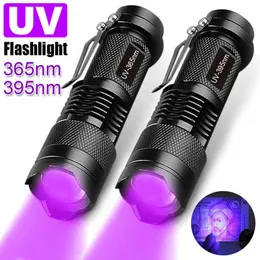 Flashlights facklor UV -ficklampa LED Ultraviolet Torch Zoomable Mini Ultra Violet Lights 395/365nm Inspektionslampor PET URINE STAIN DETECTOR TOLERS P230517