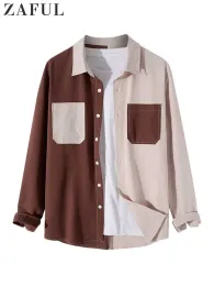 Colorblock-Hemd für Herren, Knopfleiste, lange Ärmel, Blusen, lässige Streetwear-Hemden mit Taschen, Umlegekragen, Oberteile