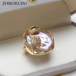 Pierścienie zespołu Zhboruini 2022 Baroque Pearl Ring Real Natural Freshwater Pearl 18K Gold Splating Woman Jewelry Indywidualny pierścień hurtowy J230517