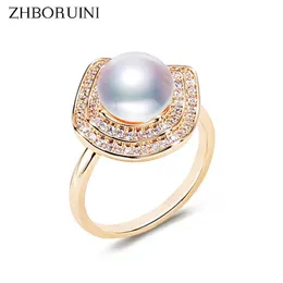 バンドリングZhboruini Pearl Ring 14Kゴールド充填ジルコンヴィンテージデザイン天然淡水真珠広場婚約リング女性用J230517