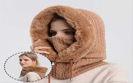 Boné de inverno com conjunto de máscara com capuz para mulheres quente de malha caxemira esqui ao ar livre chapéu à prova de vento grosso pelúcia fofo notícias respirável NewNewNewNew59669 11