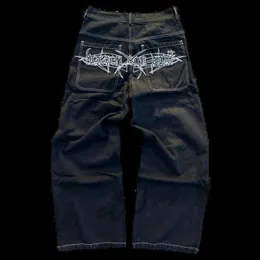 Mens Jeans Y2K Jeans Harajuku Retro broderi grafik Lossa svarta byxor Mens Punk Rock Hip Hop Gothic Wideleg Street Wear 230516