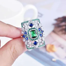 Bandringar Trend Vintagesilver Color Rings for Women Green Blue Cubic Zirconia Jewelry Hollow Design Wedding Bridal Ring Gift J230517