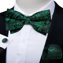 Bow Ties Adjustable Men's Green Black Boe Tie Handkerchief Cufflinks Set For Wedding Business Pre-tied Bowties Silk Butterfly Knots