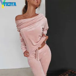 YICIYA Lslaica Solid Slash Neck Long Sleeve Two Piece Set Drawstring Off Shoulder Women Tracksuit Bodycon Long Pants Women Suits