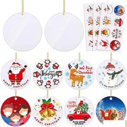 Party Favor Christmas Ornament SubliMation White Ceramic Squard Oval Shaped Decor with Gold String Xmas Tree Hanging Pendant Drop de Dhi71