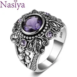 Pierścienie zespołowe Vintage Biżuteria 3CT Amethyst Srebrny kolor pierścienia okrągły Purple Nature Stone Women Wedding Aneis Aneis Pierścienie kamieni szlachetnych J230517
