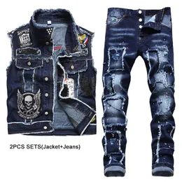 2023 New Tracksuits Blue Men 2 Pieces Sets Fashion Slim Casual Embroidery Skull Denim Vest and Ragged Paint Patch Stretch Jeans Conjuntos De Hombres