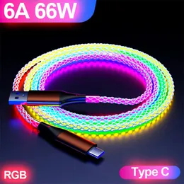 RGB Color Light 66W 6A USB to Type C Fast Charging Data Cable For Xiaomi Samsung Huawei OnePlus Phone USB C Car Charge Cord