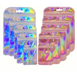 Smyckestativ 50st Iridescent Ziplock Bag Transparent Laser Thicken Plastic Seal Påsar för Display Hantverk Nagelögonfransförpackning 230517