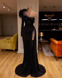 Czarne cekinowe sukienki wieczorowe z koralikami pióra syrenka balowa sukienka na bacznie rozłam formalne impreza drugie suknie przyjęte na zamówienie