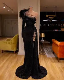 Preto lantejoulas vestidos de noite frisado penas sereia vestido de baile alta divisão formal festa segunda recepção vestidos feitos sob encomenda